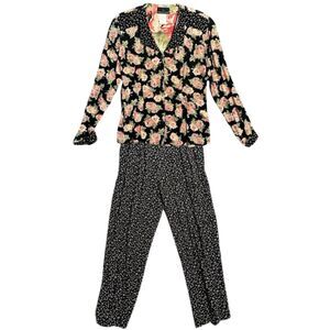 Vintage 90s Carole Little set Floral 2 Piece Pant Set W Pockets Size 12 Rayon